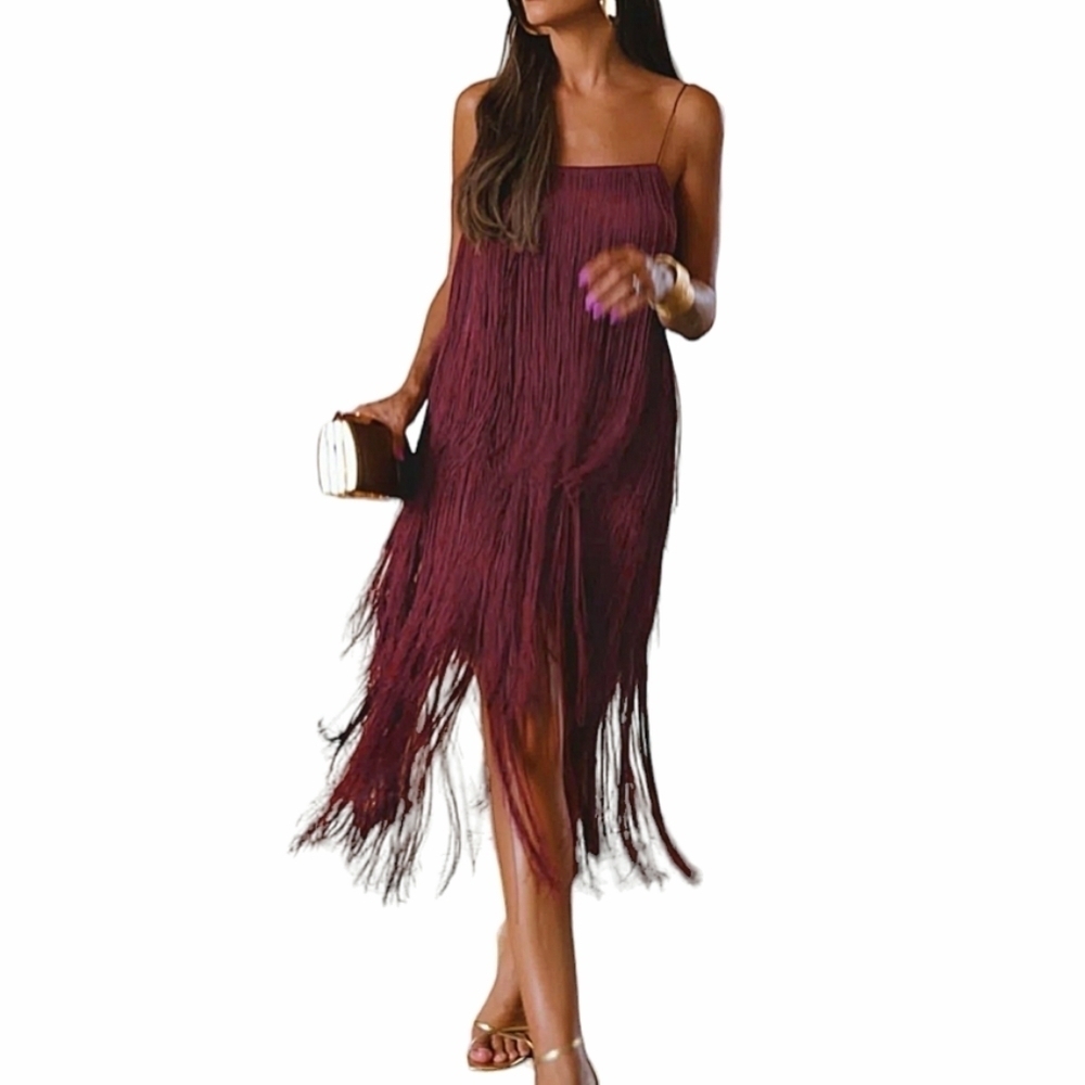 SOLD - NWT Commense Red Fringe Flapper-Style Open Back Sleeveless Short Dress